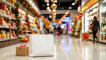 Holiday shopping scene with a white shopping bag at the bottom, subject centered with ample copy space above for text.