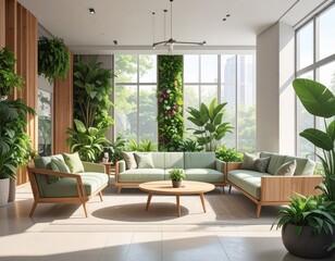 A bright and airy living space filled with lush greenery, featuring light-colored furniture and large windows, exuding a tranquil and modern ambiance.