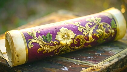 Rolled-up vintage wallpaper with ornate gold design