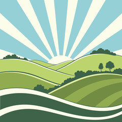 Obraz premium Stylized landscape with layered green hills, silhouetted trees, and a light blue sky featuring white sun rays from the horizon.