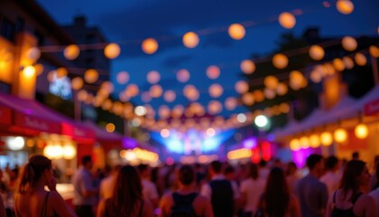 Blurred bokeh night festival scene, warm and cool lights, lively party atmosphere, subject on the left with ample copy space on the right, under soft diffused lighting.