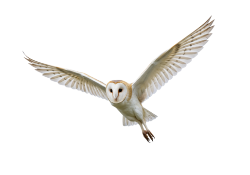 Barn owl in flight wings spread transparent background