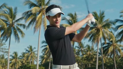 Young man preparing to swing a golf club on a sunny day with palm trees in the background