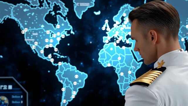 Military professional standing in pristine white uniform, scanning strategic global data across digital world map inside high tech control center, mapping complex international networks - Powered by Adobe