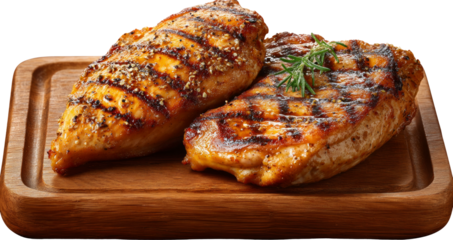 Appetizing grilled chicken breast fillet, savory meal on wooden board