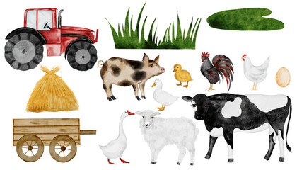 Cute farm animal and tractor set. Hand drawn cow, rooster, haystack and red tractor on isolated white background. Country style clip art. Ideal for educational cards and posters © Татьяна Трущелева