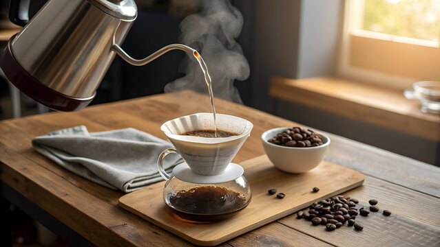 Pour-over coffee brewing with kettle and ceramic dripper on wooden table in cozy morning kitchen setup perfect for cafe visuals, recipe blogs and coffee lifestyle promotions
