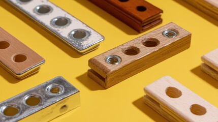 Yellow Background CloseUp of a Mounting Bracket with Wooden Pegs Perfect for Organizational and Industrial Projects, Evoking Efficiency and Reliability.