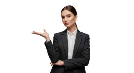 Confident businesswoman in suit pointing hand png isolated on transparent background