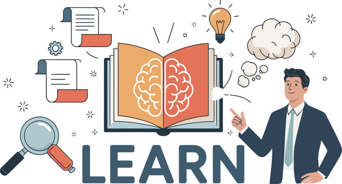 Knowledge Explorer: A stylized illustration portrays a focused individual amidst symbolic elements of learning and insight. The image is a dynamic representation of study and growth.