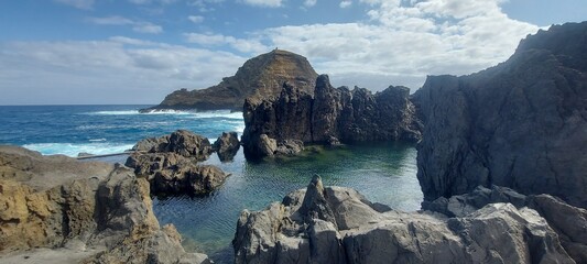 madeira island, sea, water, blue, waves, landscape, travel, adventures, destination, nature, view, rock, cliff, mountain, green, paradise, sunset, dawn, evening, darl, ligth, blue, waves, north