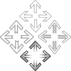 Vector Arrow Set in Four-Way Directional Styles with Outline Design. Minimal Tech-Inspired Symbols for UI, Navigation, and Digital Interfaces. Clean Black Line Arrows on White Background.