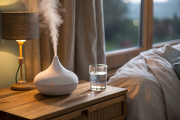 Nightstand with humidifier and glass of water in cozy evening bedroom scene perfect for sleep wellness visuals, interior lifestyle content and self-care routines