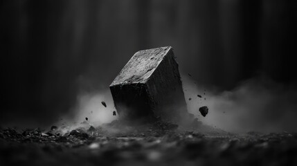 Monochrome composition of cube impacting ground with dust and debris creating dynamic effect