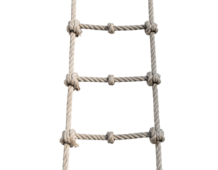A detailed rope ladder with sturdy knots, designed for climbing, showcasing its functional and robust construction.
