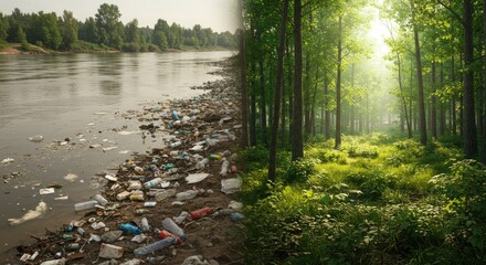 Polluted riverbank contrasted with a lush forest