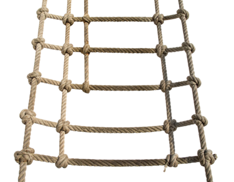 A detailed rope ladder featuring intricate knots and horizontal rungs, showcasing its sturdy construction and functional design.