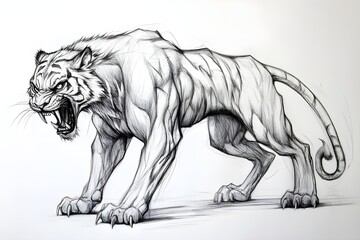 Pencil drawing of angry and fierce tiger, side view, white background