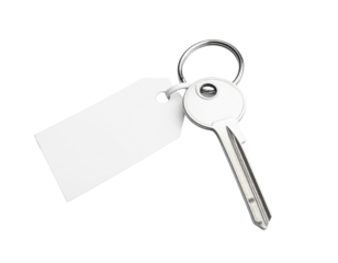 A silver key attached to a keyring with a blank white tag.
