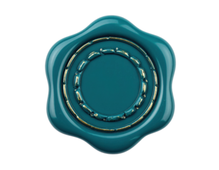 A glossy teal wax seal featuring a decorative border and a central circular area, conveying elegance and formality.
