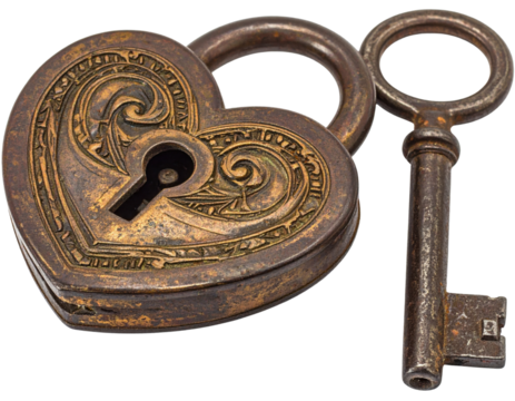 A heart-shaped lock and key with intricate designs, symbolizing love and security.