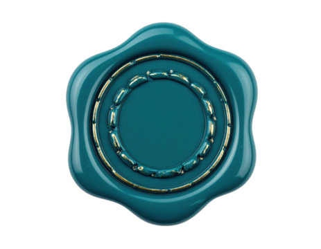 A glossy teal wax seal featuring a decorative border and a central circular area, conveying elegance and formality.