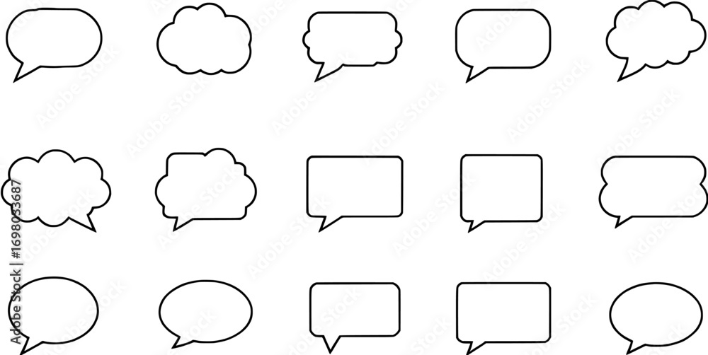 Poster set of various speech bubble icons in line art style representing communication