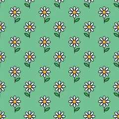 Flat Style Cute Daisy Flower Seamless Pattern on Green Background