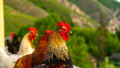 Roosters on a mountain backdrop