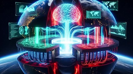 Futuristic digital brain interface with data streams, global maps, and technology visualization - Powered by Adobe