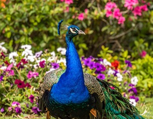 Obraz premium Peacock amidst colorful flowers (1)