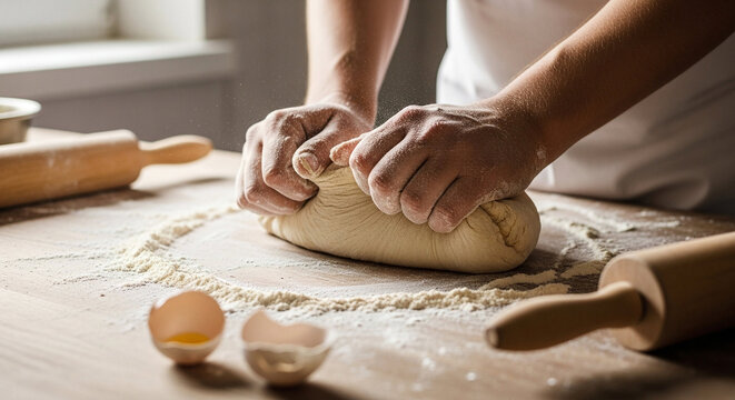 Hands kneading dough for homemade bread on a wooden surface.