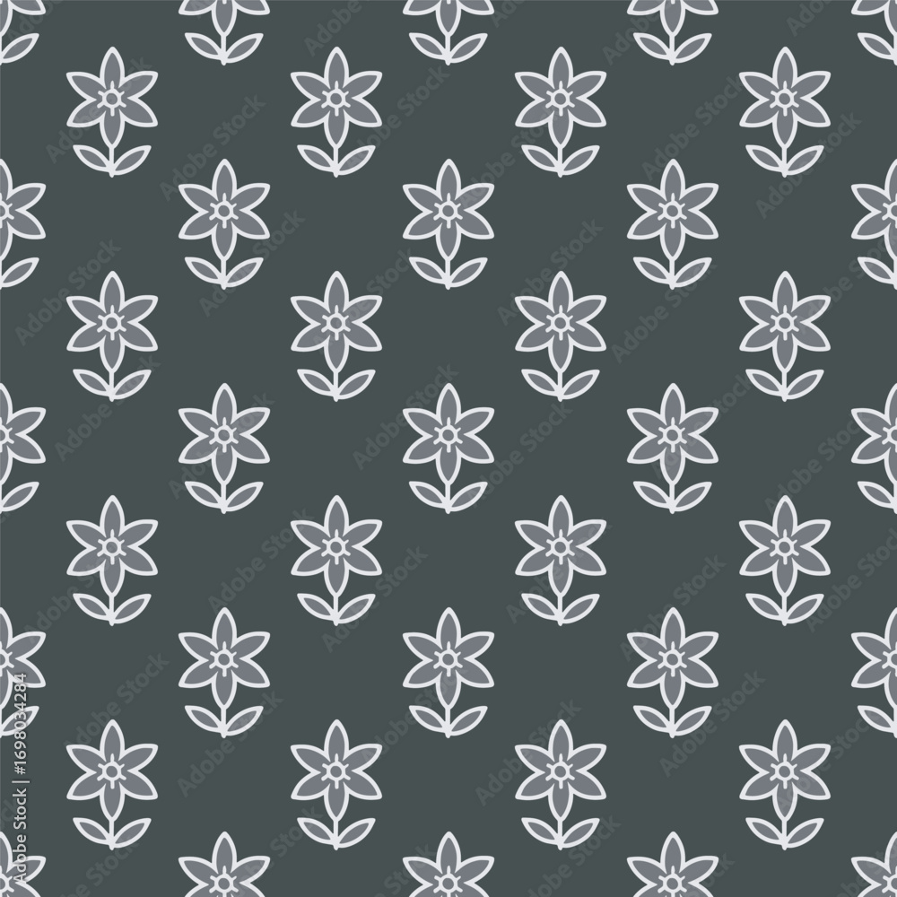 Poster Minimalist Handdrawn Flower Pattern with Stem and Leaf on Dark Background