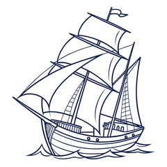 Classic sailing ship with full sails navigating through ocean waves under a clear sky