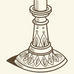 Detailed illustration of an ornate antique brass candlestick with decorative patterns and a shadow