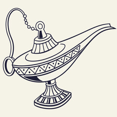 Ornate hand drawn outline of a magical genie lamp with decorative patterns and a hanging chain