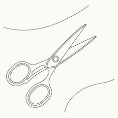 Simple outline drawing of open scissors cutting through a curved line on a white background