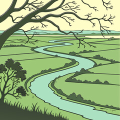 Stylized illustration of a winding river flowing through green agricultural fields under a bare tree © Mia1000