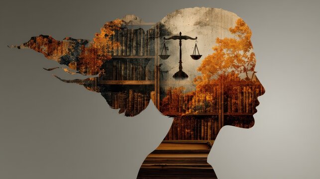 Silhouette of a woman's head filled with scales, books, and autumn trees. Represents law, knowledge, balance, wisdom, justice, and the academic mind.