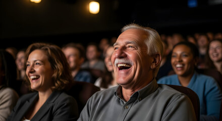 Obraz premium Happy audience laughing at a comedy show enjoying the film movie theater entertainment fun joy happiness laughter cinema people smiling joyful moviegoers