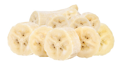 pile of banana slices isolated on black surface