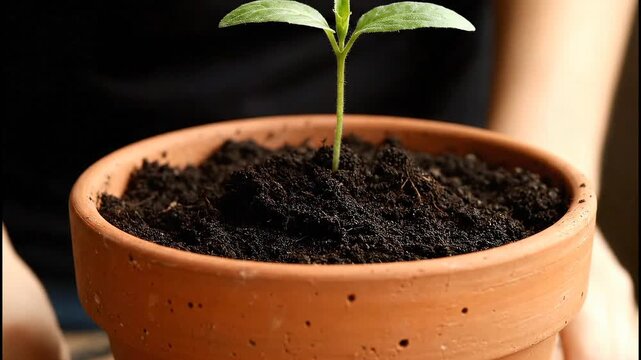 4K cinematic close-up of hands planting a seedling into clay pot with soil in backyard garden, organic eco-friendly gardening lifestyle stock video