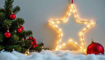 Luminous pearl white outline star decoration with subject positioned at the top, ample copy space at the bottom, festive holiday theme, optimized for photos.