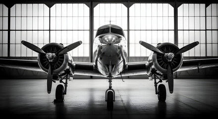 Vintage Airplane in Hangar Black and White Classic Aircraft Aviation History Flight Travel Airplanes Propeller Plane Retro Transport Old Airplane