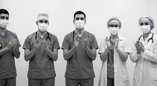 Group of medical professionals clapping in scrubs and masks