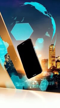 mobile phone and world map hi tech visuals, modern 