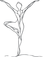 A graceful dancer in a dynamic pose illustrated with clean lines and abstract form. Black on transparent background.
