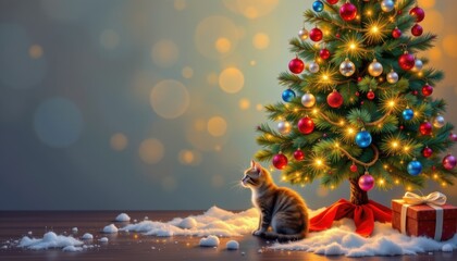 Festive Christmas scene with a decorated glowing tree on the right, featuring a little kitten under the tree gazing at glass ornaments, Clear left space for greetings, warm evening mood