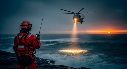 Dramatic Coast Guard Rescue Helicopter Ocean Dramatic Rescue Operation Emergency Services Search and Rescue Maritime Safety Coastal Cliffside Waves Sunset