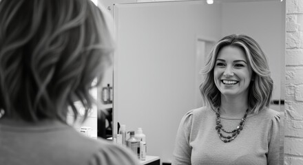 Fototapeta premium A woman smiles at her reflection She wears a sweater and necklace The mirror is in a room with a brick wall